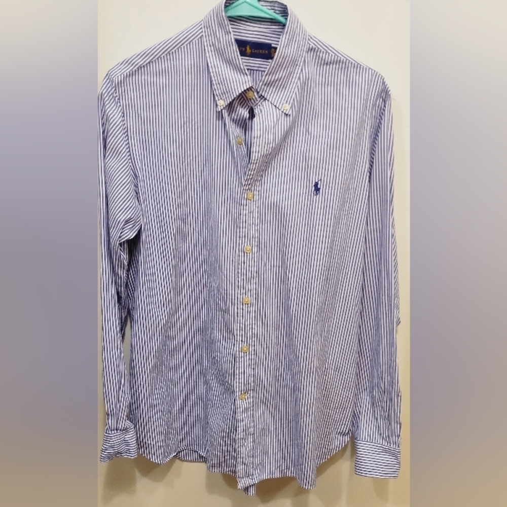 Ralph Lauren Men's Blue and White Striped Long Sleeve Shirt